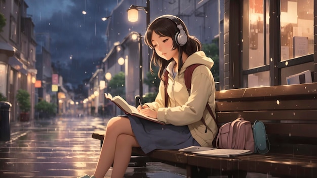 Cartoon lofi giovane ragazza in stile manga che studia mentre ascolta musica