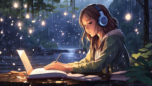 Cartoon lofi giovane ragazza in stile manga che studia mentre ascolta musica