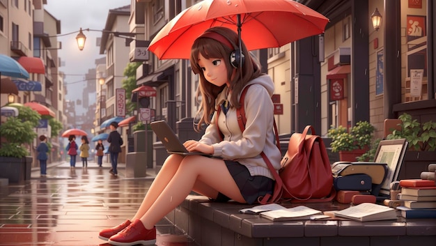 Cartoon lofi giovane ragazza in stile manga che studia mentre ascolta musica