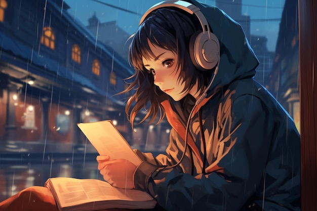 Cartoon lofi giovane ragazza in stile manga che studia