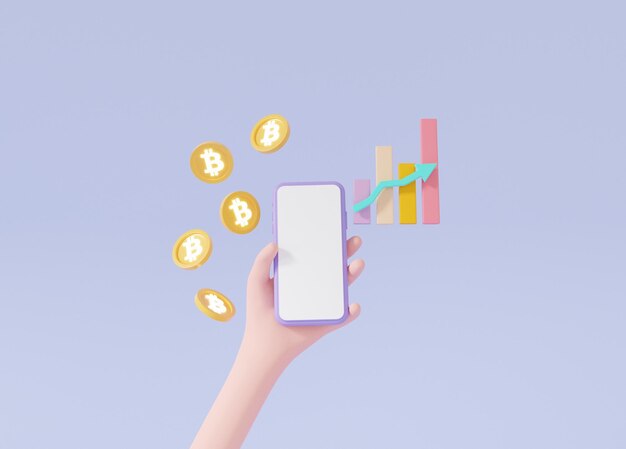 Cartoon mano che tiene Crypto valuta o bitcoin trading su smartphone acquistare vendita scambio crescita dati analitica informazioni investimento finanziario trader concetto 3d rendering illustrazione