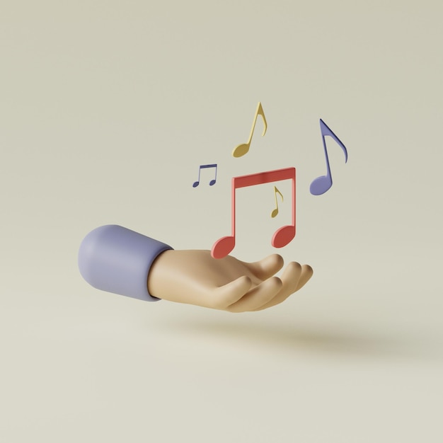 Cartoon mano che tiene le note musicali Concetto condivisione musica 3d rendering illustrazione