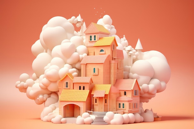 Cartoon Orange Paper House con nuvole primo piano estremo AI generativa