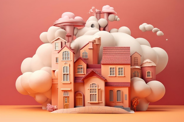 Cartoon Orange Paper House con nuvole primo piano estremo AI generativa
