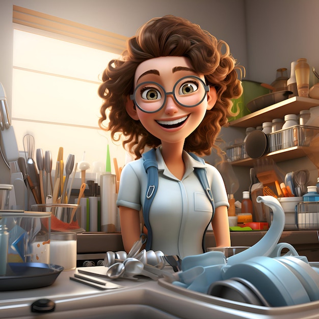 Cartoon ragazza carino con strumenti dentali nella sua cucina rendering 3D