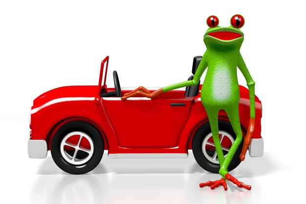 Cartoon rana in piedi accanto a un'auto