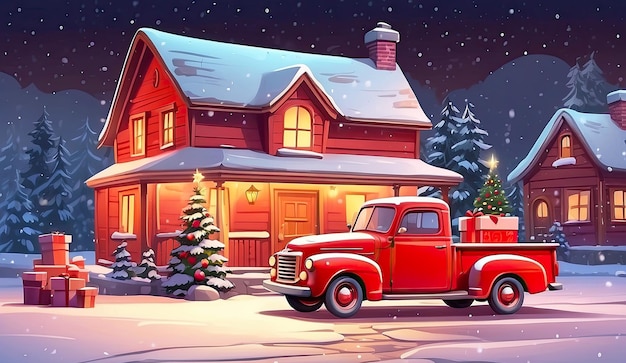 Cartoon rosso retro camion di Natale con regali e un albero di Natale sul retro vicino a una casa decorata