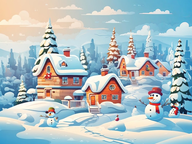 Cartoon semplice paesaggio invernale innevato e case con albero di Natale e pupazzo di neve disegno vettoriale