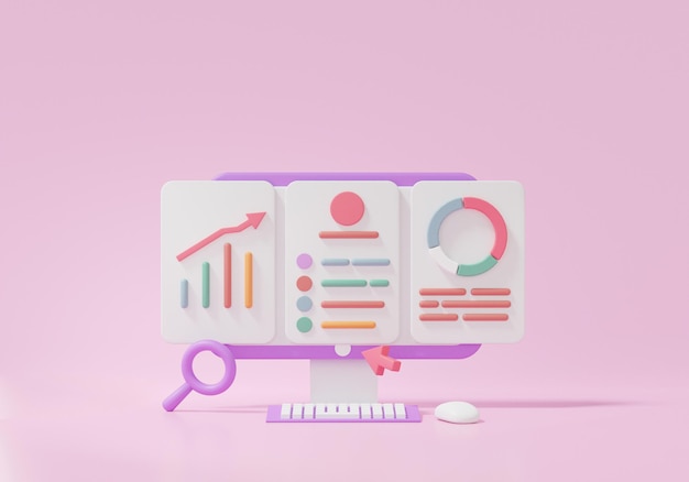 Cartoon style Search Engine Optimization or SEO online marketing concept grap chart report analytics click search via keyword information computersoftware 3D render illustration