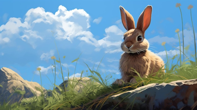 Cartoonlike Rabbit In Grassy Field Pittura digitale di Patrick Brown