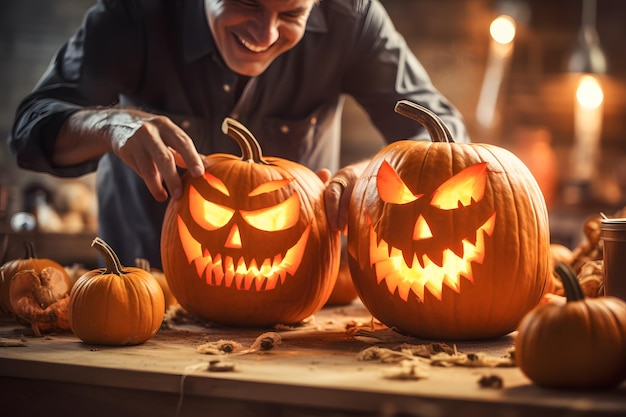 Carving Pumpkins Mani che intagliano una zucca con una faccia spaventosa circondata da budella di zucca e intaglio