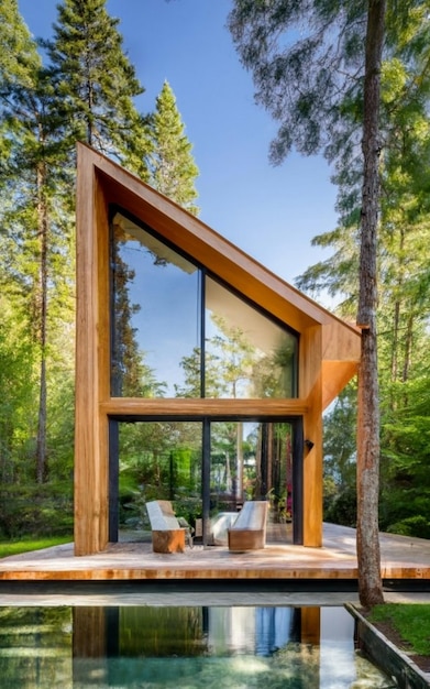 Casa a telaio in legno con ghirlande, vista esterna dell'edificio attraverso gli alberi