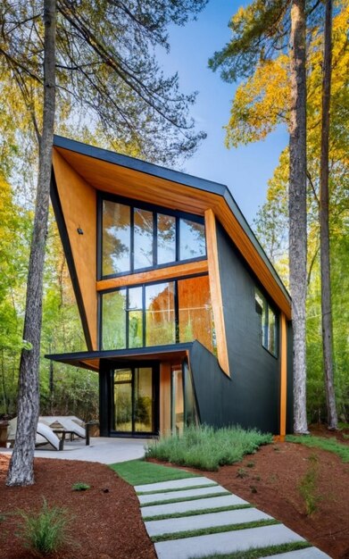 Casa a telaio in legno con ghirlande, vista esterna dell'edificio attraverso gli alberi