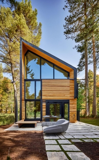 Casa a telaio in legno con ghirlande, vista esterna dell'edificio attraverso gli alberi