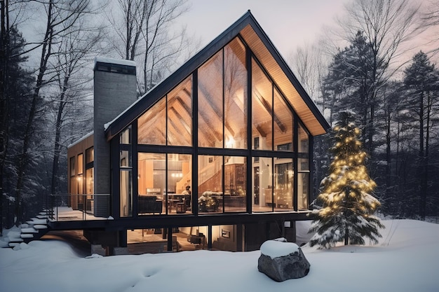casa a telaio moderna con grandi finestre in inverno