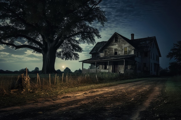 Casa abbandonata in campagna di notte Concetto di Halloween