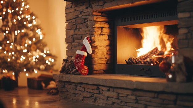 Casa accogliente con albero di Natale e caminetto per festeggiare il Capodanno