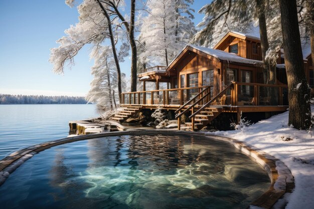 Casa accogliente vicino al fiume in inverno