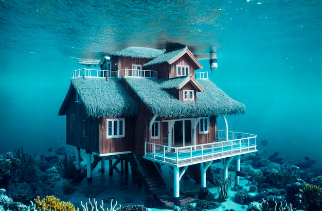 Casa affondata sott'acqua Edificio abbandonato sul fondo del mare oceano IA generativa