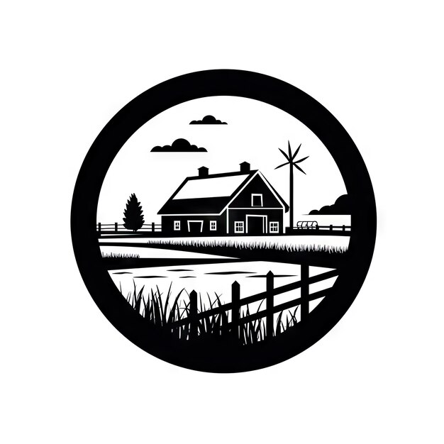 Casa agricola con mulino a vento in campo logotipo rotondo nero su immagine generativa bianca di AI Grande fienile all'icona del terreno agricolo Scena rurale pastorale