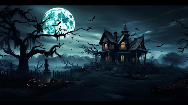 casa arafed con una luna piena sullo sfondo generativo ai