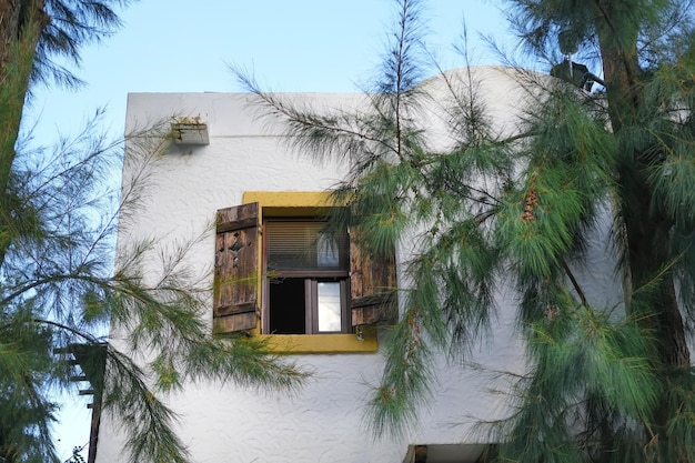 Casa bianca con finestra con cornice gialla e persiane aperte in legno nel villaggio