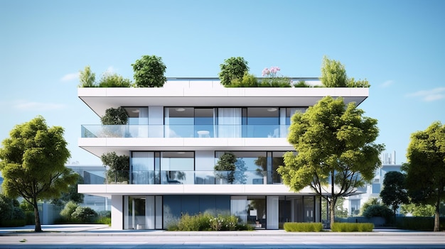 Casa bianca moderna a 3 piani eco-compatibile ai generata immagine di sfondo edificio sostenibile carta da parati verde desktop immagine foto di sfondo di alloggio eco-compatibile composizione concettuale vista frontale