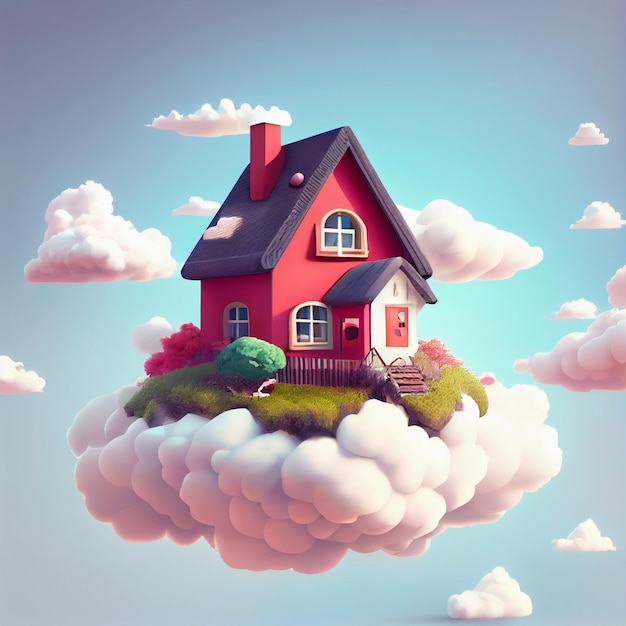 Casa carina tra le nuvole casa da sogno illustrazione di rendering 3d