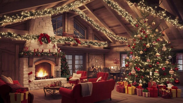 Casa chalet con camino di decorazione natalizia all'interno della stanza
