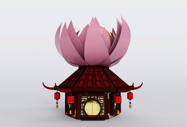 Casa cinese tradizionale tempio 3d'illustrazione su sfondo bianco