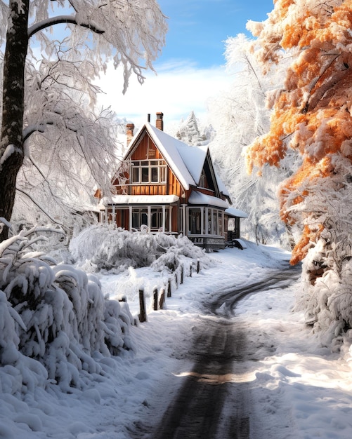 Casa circondata da alberi carichi di neve durante una tempesta di neve invernale