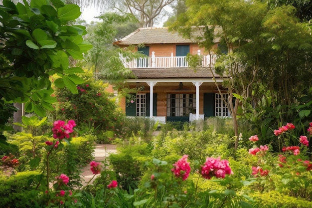Casa coloniale circondata da una vegetazione lussureggiante e fiori che sbocciano nel giardino