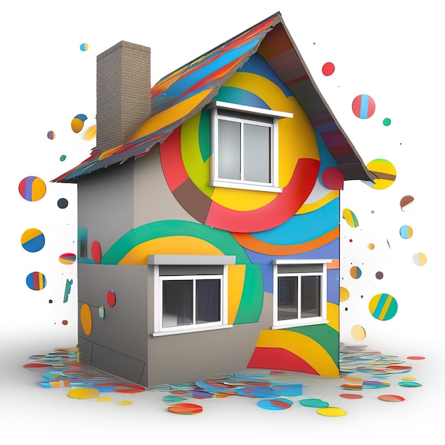 casa colorata con schizzi di vernice colorata Illustrazione 3 d di casa con schizzi di vernice colorata