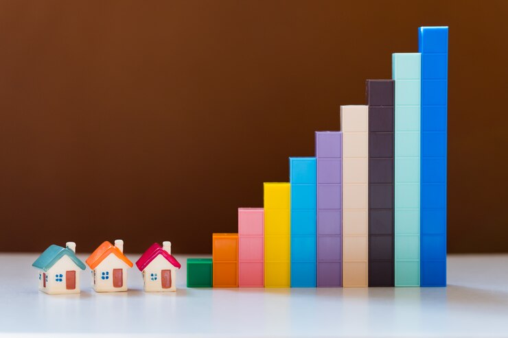 Casa colorata in miniatura con grafico di crescita utilizzando come proprietà immobiliare