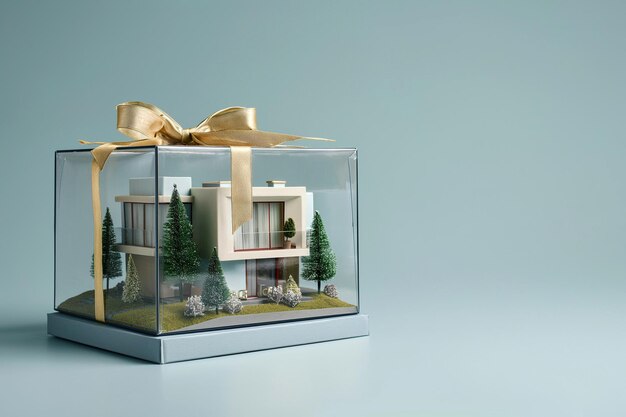 Casa come regalo Modello architettonico di casa in una scatola regalo con un arco Acquisto di una nuova casa ereditare immobili Ipoteca e prestito immobiliare Trasferimento in nuovo appartamento celebrazione Spazio per il testo