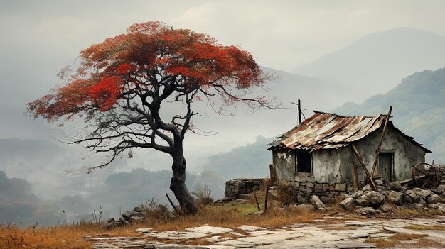 Casa con albero e montagne sullo sfondo