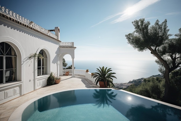 Casa con ampia piscina antistante e vista mare