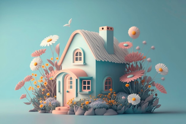 Casa con fiori colori pastello su sfondo blu Creatività del rendering 3d umano e illustrazione
