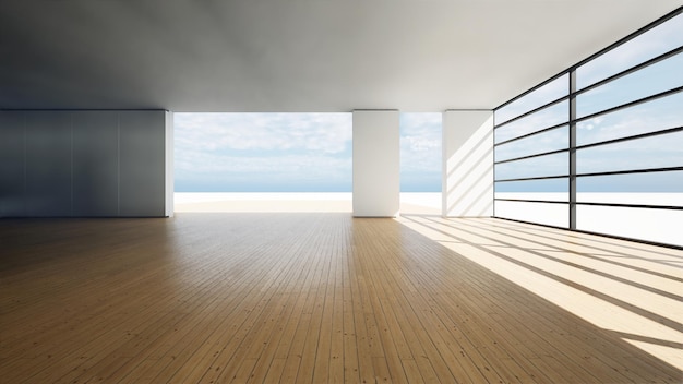 Casa con grande finestra di vetro e pavimento in legno rendering 3d
