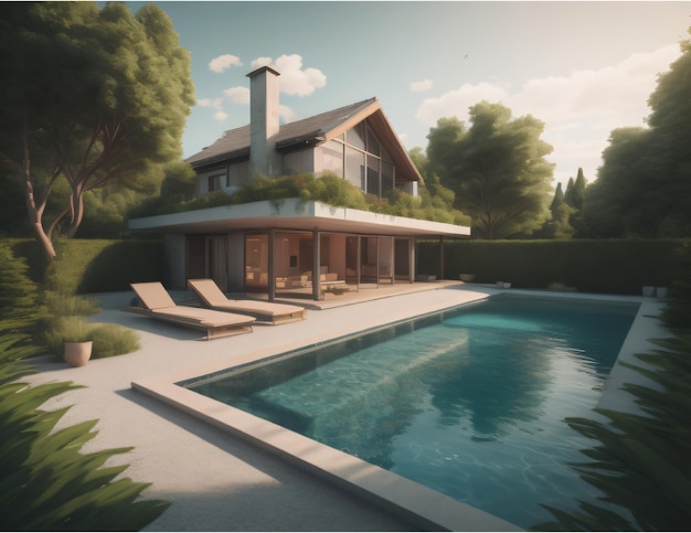 Casa con illustrazione della piscina AI generativa