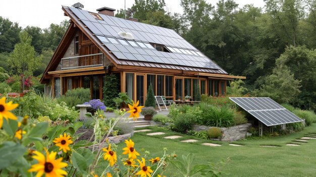 Casa con pannelli solari sul tetto circondata da un giardino vibrante sotto un cielo limpido