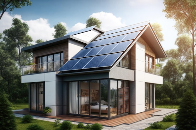 Casa con pannelli solari sul tetto creata utilizzando la tecnologia ai generativa