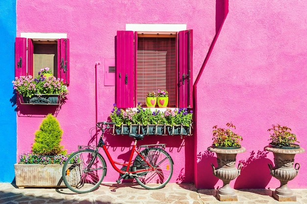 Casa con parete rosa. Case colorate nell'isola di Burano vicino a Venezia, Italy