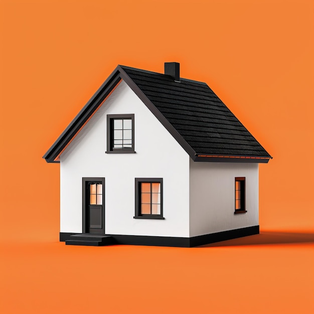 Casa con tetto nero isolato su sfondo arancione rendering 3D