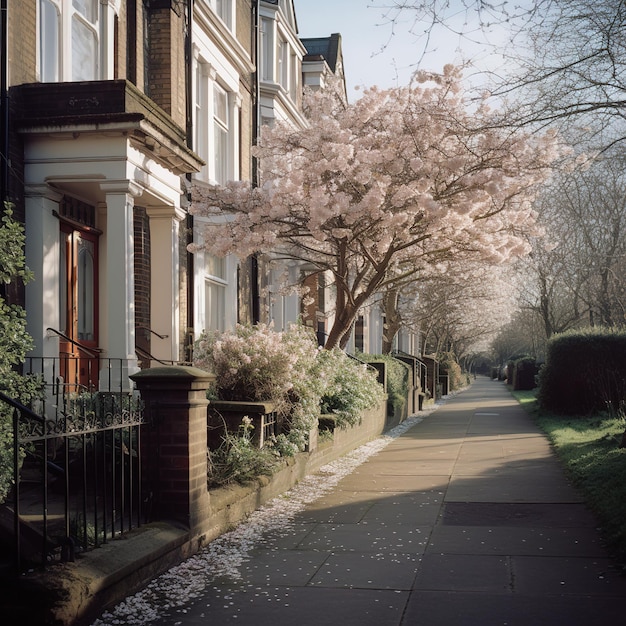 casa con un albero in fiore