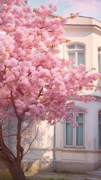 casa con un albero in fiore