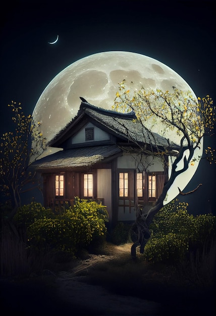 Casa con una luna piena sullo sfondo ai generativa