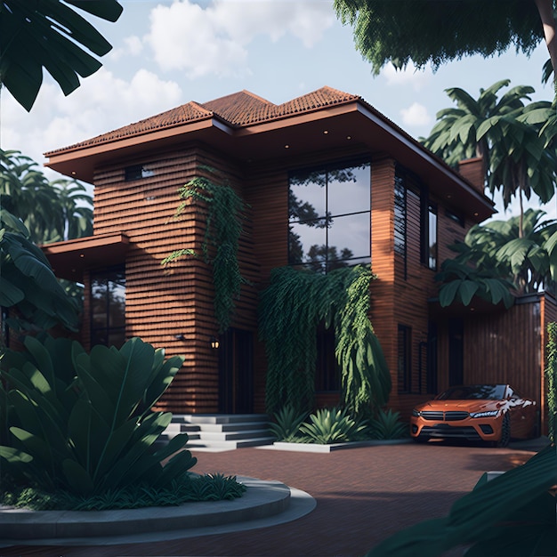 Casa contemporanea con un concetto tropicale e mattoni rossi