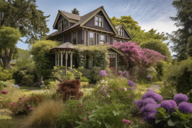 Casa d'artigiano circondata da un lussureggiante giardino verde con fiori in fiore e alberi alti