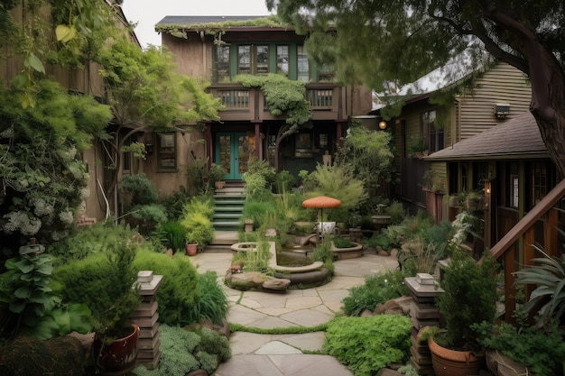 Casa d'artigiano con giardino sul retro e patio circondato da lussureggiante vegetazione